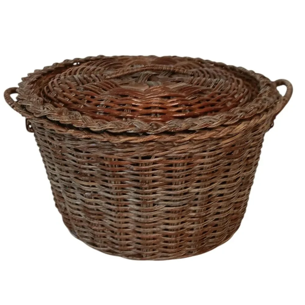 Vintage Wicker Rattan Basket With Lid Reddish Brown 12